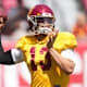 Southern California Trojans quarterback Caleb Williams (13) throws the ball during the spring game at the Los Angeles Memorial Coliseum.